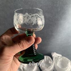 14 Etched Grapes Wine Glasses Set Vintage 4 1/4 Green Beehive Stem France