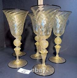 1920's Antique Venetian Murano Gold Fleck Black Rim Wine Glass Goblets Set of 5