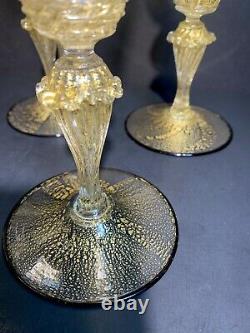 1920's Antique Venetian Murano Gold Fleck Black Rim Wine Glass Goblets Set of 5