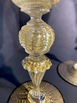 1920's Antique Venetian Murano Gold Fleck Black Rim Wine Glass Goblets Set of 6