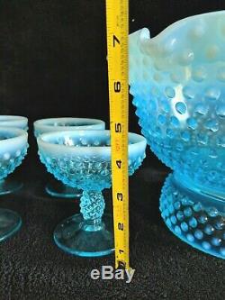 1980's Fenton AQUA BLUE HOBNAIL OPALESCENT CHAMPAGNE BOWL + 8 WINE GLASSES SET