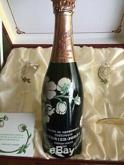 1985 PERRIER JOUET Champagne Gift Box Set- hand painted Bottle with Flute Glasses