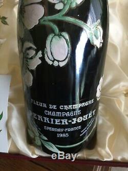 1985 PERRIER JOUET Champagne Gift Box Set- hand painted Bottle with Flute Glasses