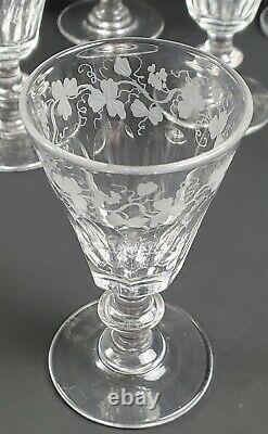 19th Century Early Glass Engraved Grapevines Wine Stems Set of 7