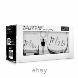 2Pcs His & Her Whisky & Wine Glass Set Stopper Drink Glasses Box Gift Set Scotch