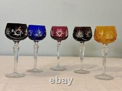 5 Gorgeous MCM German Echt Kristall Cut To Clear Goblets Stemware Colorful
