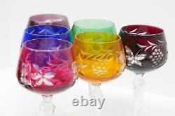 8 LAUSITZER CUT TO CLEAR GLASS/CRYSTAL WINE HOCK/GOBLETS Set of 6 Multi Color
