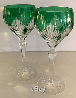 AJKA EMERALD GREEN CASED CUT TO CLEAR CRYSTAL 8 1/4 WINE GOBLETS Set of 2
