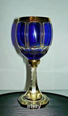 ANTIQUE SET OF 6 MOSER GLASS BLUE CABOCHON WINE GLASSES 1920's