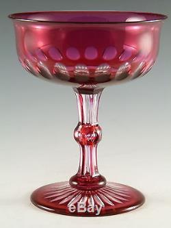ANTIQUE Wine Glass Set of 6 Overlay Cut to Clear Cranberry Champagne Saucers
