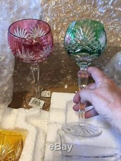 Ajka Crystal Wine Glasses Multi Color Cut to Clear Mint Set of 6 Made in Hungary