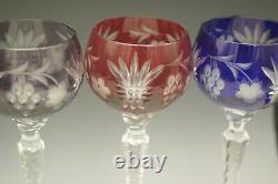 Ajka Martisa Set Of Six 8 1/4 Crystal Cut To Clear Wine Hock Goblets Red Blue