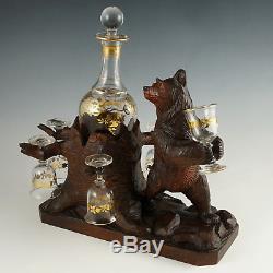 Antique Black Forest Carved Wood Bear Liquor Tantalus Glass Wine Decanter Set