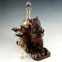 Antique Black Forest Carved Wood Bear Liquor Tantalus Glass Wine Decanter Set