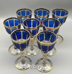 Antique Bohemian Moser Cobalt Blue Cabochon Panels Gold Trim Wine Glasses Set 8