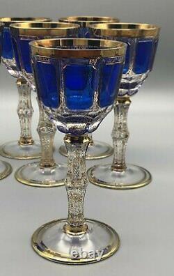 Antique Bohemian Moser Cobalt Blue Cabochon Panels Gold Trim Wine Glasses Set 8
