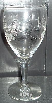 Antique Etched Flower Pattern Pitcher & Stem Wine / Water Glasses Set
