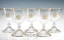 Antique French Baccarat Set of 5 Wheel Cut Monogrammed Crystal Stems