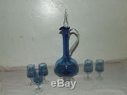 Antique ITALY Cobalt Blue Art Glass Wine Cordial Decanter Set with Five Glasses