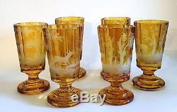 Antique Moser Set Of Six Wine Goblets Hand Carved Beautiful Amber Color