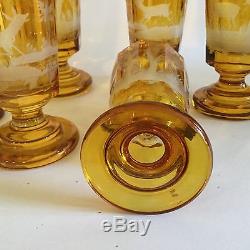 Antique Moser Set Of Six Wine Goblets Hand Carved Beautiful Amber Color
