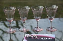 Antique Needle Etched PINK Wine Glasses, Set of 4, circa 1920's