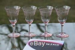 Antique Needle Etched PINK Wine Glasses, Set of 4, circa 1920's
