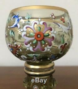 Antique Ornate Bohemian Moser Painted Gold/Amber Wine Glass Stem Set 2