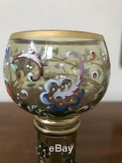 Antique Ornate Bohemian Moser Painted Gold/Amber Wine Glass Stem Set 2
