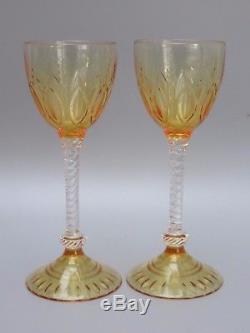 Antique Stuart Crystal Amber Wine Hock Glasses Set Of 2 -signed- 8 Tall 7 Oz