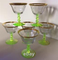 Antique Tiffin-Franciscan Set Of Six Vaseline Etched Wine Glasses 4 1/4