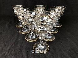 Antique Venetian Murano Glass Wine Goblets Gold and White Enameled Set of 9