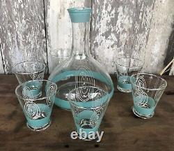 Antique Water Decanter & Glass Set Art Deco Style Blue & White Tumblers Wine