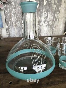 Antique Water Decanter & Glass Set Art Deco Style Blue & White Tumblers Wine