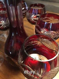 BOHEMIAN Crystal RUBY RED WINE GLASS & DECANTER SET, Hand Cut 9 Pieces