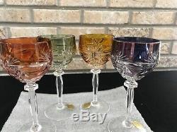 BOHEMIAN MULTI COLOR Wine Goblet Hock CUT TO CLEAR CRYSTAL Hutte GERMANY SET 4