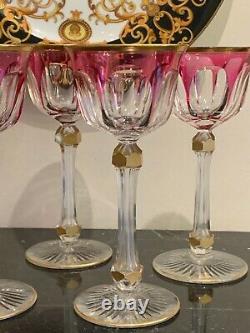 Baccarat Antique Fine and Rare Set Five Pink and Gold Gilt Wine Glasses