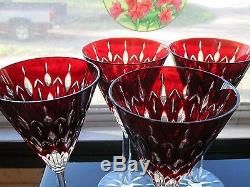 Beautiful Ajka Red Cut To Clear Crystal Wine Glass Goblet Set (4)