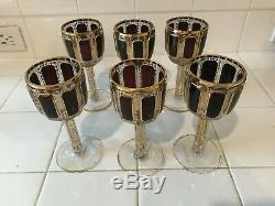 Beautiful Antique Moser Cabochon Wine Glasses -Flashed Ruby Red & Gilt set of 6