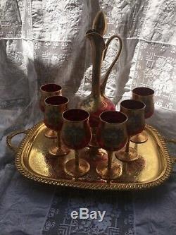Beautiful Hand Signed Murano Glass Decanter Set with 6 Wine Glasses
