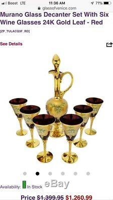 Beautiful Hand Signed Murano Glass Decanter Set with 6 Wine Glasses