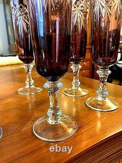 Beautiful Ruby Red Cut to Clear Crystal Glass Champagne Wine Goblet Set of 6