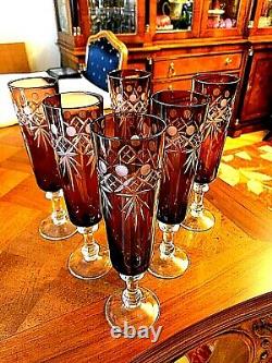 Beautiful Ruby Red Cut to Clear Crystal Glass Champagne Wine Goblet Set of 6