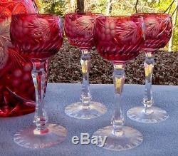 Bohemia Crystal Cranberry Cut To Clear Wine Set Decanter & Goblets Grapes Leaves