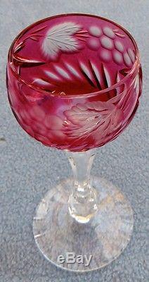 Bohemia Crystal Cranberry Cut To Clear Wine Set Decanter & Goblets Grapes Leaves
