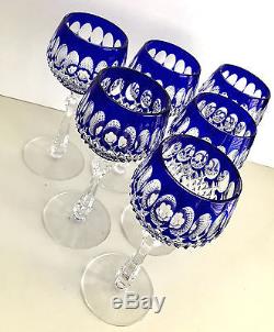 Bohemian Cobalt Blue Cased Cut To Clear Crystal 7 1/2 Wine Goblets Set Of 6