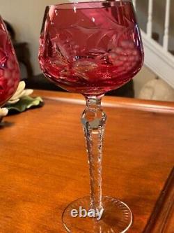 Bohemian Crystal Cut to Clear Cranberry Grapevine Wine Glasses 8 Set of 5