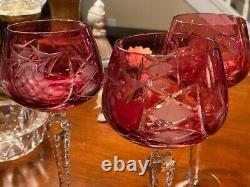 Bohemian Crystal Cut to Clear Cranberry Grapevine Wine Glasses 8 Set of 5