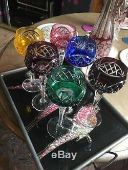Bohemian Czech Crystal Coloured Hock Wine Glass Set X6 Harlequin Antique VGC
