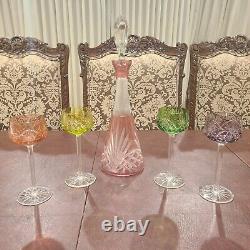 Bohemian Czech Pastel Color Cut to Clear Wine Decanter & Stem Glasses Set of 4
